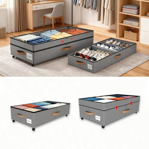 2 Pack Under Bed Storage with Wheels 65L XXL Large Under Bed Storage Containers Box with Lids 10inchs Underbed Storage with Wheels Rolling Under the Bed Storage Bins for Shoes,Clothes,Blankets,Toys