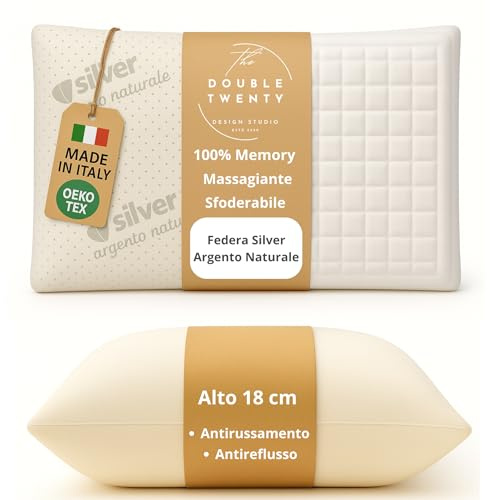 The Double Twenty Cuscino Antirussamento in Memory Foam | Alto 18cm | Antireflusso | Ergonomico e Traspirante | Supporto Ottimale per Collo e Cervicale | Fodera Ipoallergenica in Argento Naturale |