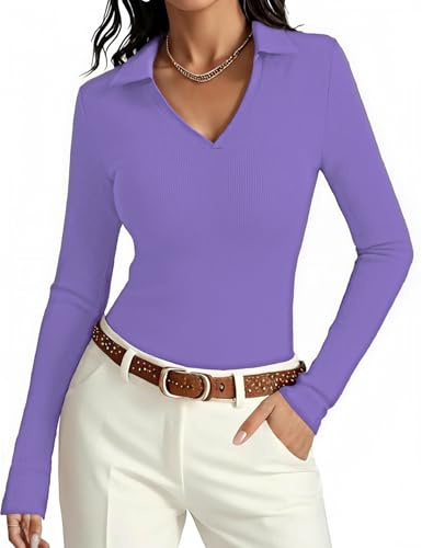 Aottori Polo Shirt Donna Manica Lunga Slim Fit Maglia Scollo a V Sexy Basic Tops Elasticizzata Maglietta Tinta Unita Casual Elegante Viola XS