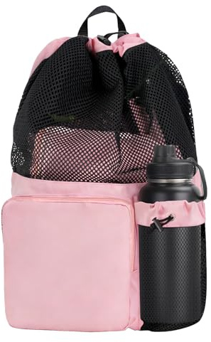 QBEJIME Swimming Bag Mesh Drawstring, with Wet Pocket, Waterproof Swim Bag, Swimming Bags for Adults, Kids,Beach Swim Surfing Pool Gym Workout Men Women (Pink)