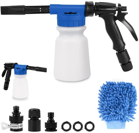 Snow Foam Pistola a schiuma per lavaggio auto, spruzzatore in schiuma per auto, pistola ad aria compressa, pistola ad acqua ad alta pressione, per auto, moto, 5 livelli di pressione dell'acqua (blu)