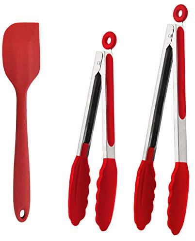 BGLINKAL 12 Inch & 9 Inch Kitchen Tongs For Cooking, Non Stick BPA free Silicone Tip Stainless Steel BBQ Cooking Grilling Locking Food Tongs Plus Bonus Silicone Spatula (Red)
