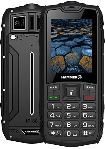 Hammer H Basalt Outdoor Handy ohne Vertrag, 2.4 Zoll Farbdisplay, Robust, Mega Batterie 1800 mAh, Wasserdicht (IP68), Stoßfest, Baustellen Tasten, Taschenlampe, Dual SIM, Tastenhandy - Schwartz