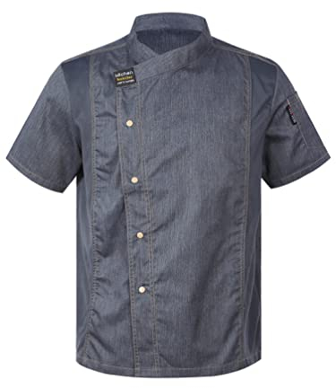 iiniim Mens Womens Unisex Kitchen Work Uniform Short&Long Sleeve Chef Coat Jacket Hotel Restaurant Workwear Gray Short Sleeve L