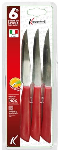 Kasaviva Coltelli da Bistecca, Set di 6pz per Tavola,ideali anche per Carne e Pizza, Lama in Acciaio Inox, Manico Indeformabile (1, Rossi), 164986