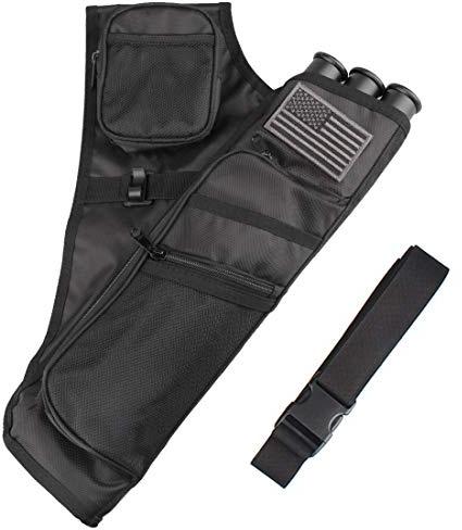 KRATARC 3-Tubes Hip Quiver Waist Hanged Arrow Archery Carry Bag with Pockets Adjustable Belt (Black)