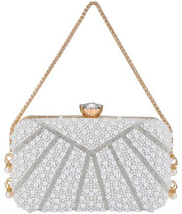 Faletony Damen Perlen Clutch Elegant Abendtasche Weiß Brauttasche mit Kette Unterarmtasche Modische Tasche für Hochzeit Abendparty Tanzparty Geburtstag