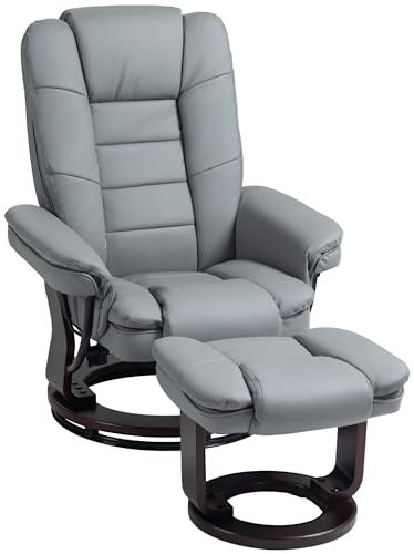 HOMCOM Relaxsessel mit Hocker 360°Drehbarer Fernsehsessel mit Liegefunktion TV-Sessel Ruhesessel bis 130 kg belastbar für Wohnzimmer Kunstleder, Grau