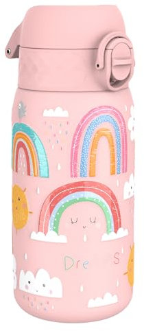 Ion8 Gourde Enfant, Inox Léger, 400ml, Non Isolé, Anti-Fuite, Facile à Ouvrir, Verrouillage Sécurisé, Lavable au Lave-Vaisselle, Poignée de Transport, Acier Inoxydable, Arcs-En-Ciel