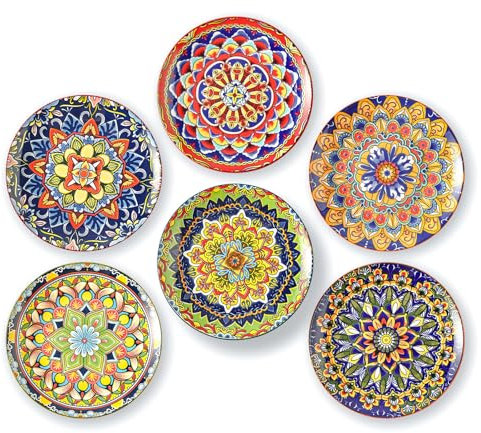 Colorful Ceramic Plate Set of 6 – 8.7 Inch Bohemian Porcelain Plates for Serving Dessert, Appetizer and Salad – Microwave and Dishwasher Safe - Perfect for Party, Daily Meals and Gift Occasions