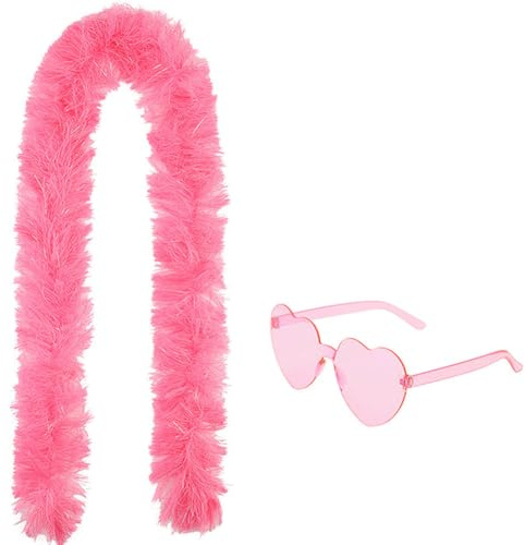 HTGWCG Set di 2 boas in piuma artificiale con occhiali a forma di cuore, decorazioni artificiali per accessori da ballo, per Festa in Abito da Sposa, Carnevale, Halloween, Costume di Natale (Rosa)