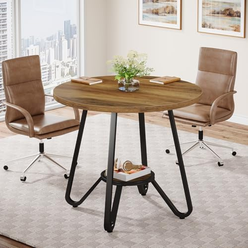 Tribesigns Table de Réunion Ronde 80×80×75 cm – Conférence 2-4 Personnes, Petite Table de Bureau en Bois avec Étagère Inférieure, Gain de Place pour Espace Restreint, Home Office, Salle de Réunion