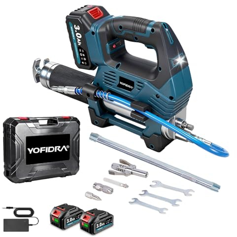 Yofidra Engrasadora Batería Kit, Pistola Engrasadora Sin Escobillas con 2 Baterías de 3.0 Ah, 12,000 PSI, Caudal de 170 ml/min, 3 Niveles, Eficiente para Tractores, Camiones y Maquinaria
