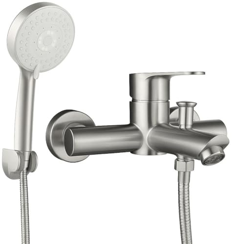 VOLTGY - Grifo de Ducha y Bañera de ACERO INOXIDABLE con Alcachofa, Manguera y Soporte Regulable. Monomando de Ducha con Doble Salida.
