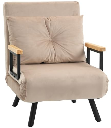HOMCOM 4 in 1 Poltrona Letto Singolo, Poltrona Pieghevole con Schienale Regolabile in 5 Posizioni, Divano Letto con Cuscino, Seduta Imbottita, in Velluto per Casa e Ufficio, 63x73x81 cm, Beige