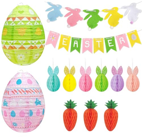 ZoneYan 15 Pièces Papier Alvéolé Décorations de Pâques, Boules en Papier pour Œufs de Pâques, Décoration Paques Extérieur, Décorations de Pâques Lapin Boules, Guirlande Paques