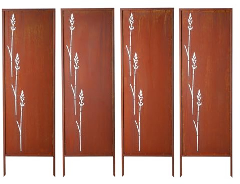 VEVOR Separador de Ambientes Metal, 50 x 160 cm, Biombo de Exterior, Paquete de 4 Piezas, Decoración Elegante, Diseño de Naturaleza, con Estacas, Pantalla de Privacidad para Jardín Patio, Marrón Óxido