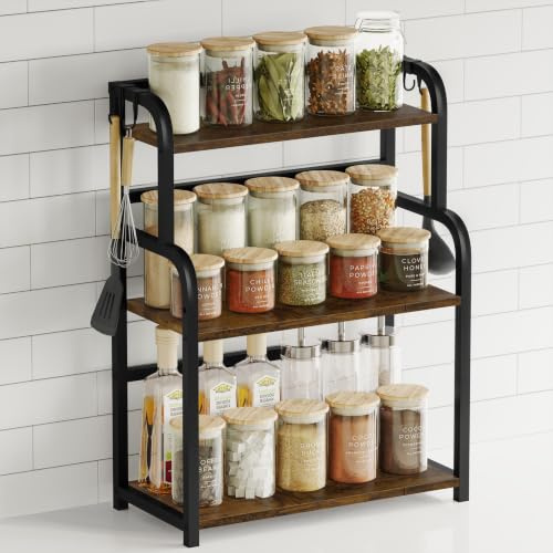 Kitchen Shelf Organiser Coffee Station - 3 Tier Spice Rack Storage Cupboard | Retro Natural Wooden Shelves for Counter Top Organizer - Small Desk Worktop Organisation Unit Free Standing Coffe Bar