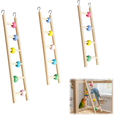 ot de 3 Échelles en Bois pour Oiseaux avec Perles Colorées, Accessoires de Cage en Pin Naturel et Acier Inoxydable, Jouets d’Escalade pour Perruche, Calopsitte, Inséparable et Petit Perroquet