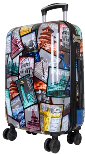 Trendyshop365 Handgepäck Koffer Hartschale klein 57 cm - bunt Motiv Weltreise Rio Athen Paris