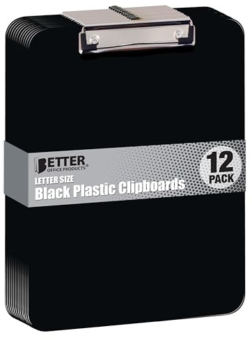 Better Office Products Lot de 12 planchettes à pince en plastique noir, durable, 31,8 x 22,9 cm, clip à profil bas, noir