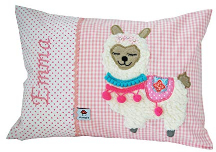 Glückspilz Namenskissen Babykissen I Lama Alpaka I mit Namen personalisiert I Geschenk zu Geburt, Taufe oder Geburtstag I Rosa (25 x 35 cm)