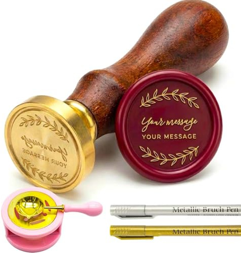 Sello de Cera Personalizado con Mango de Madera - Sello de Lacre Retro para Invitaciones de Boda, Sobres, Monogramas y Manualidades - Cabezal de Latón Extraíble (Estilo 6)