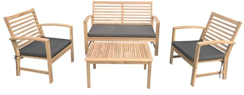 Happy Garden Salon de Jardin Goa en Acacia avec Coussins Gris. Ensemble canapé, fauteuils et Table Basse d'extérieur pour 4 Personnes