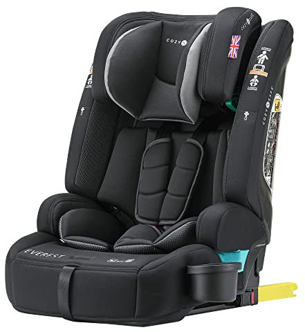 Cozy N Safe Everest I-Size 76-150CM Child Car Seat with 5 Point Harness, Adjustable Headrest, for Toddlers, Infant, Group 1 2 3, 9-36 Kg, Up to 12 Years – Onyx