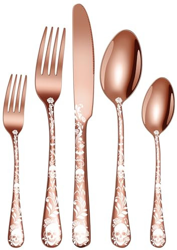XIAOYU 5 Piece Gothic Skull Silverware Set, Halloween Bizarre Flatware Set, Skeleton Flower Unique Pattern Design, Knife Fork Spoon Cutlery Set for Halloween Easter Christmas, Rose Gold