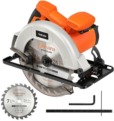 Yunirvana 1400W High-Speed Circular Saw, 6000 RPM, Adjustable Cutting Depth and Angle: 62mm (90°)-48mm (45°), Dust Collection System, and 185mm Saw Blade