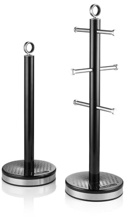 Swan Elegance Kitchen Towel Pole and 6 Cup Mug Tree Set with Textured Gloss Finish, Stainless Steel Accents and Non-Slip Bases, Black