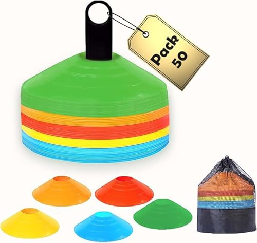 PeerMary Soccer Cones 100/50/25 Pack with Carry Bag & Holder Five Colors | Agility Disc Cones Set for Training | Sports Practice Equipment for Soccer, Football, Basketball, Coaching & Speed