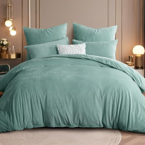 Ruikasi, set di biancheria da letto in flanella 220 x 240 cm, 3 pezzi, verde chiaro - caldo set di biancheria da letto invernale in pile soffice con 2 federe 80 x 80 cm