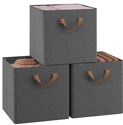 WOLTU Fabric Storage Boxes Set of 3, Collapsible Cube Baskets with Handles and Metal Frame, Wardrobe Organisers for Bedroom, Living Room, Study, Linen, Grey, 32.5x32.5x31cm