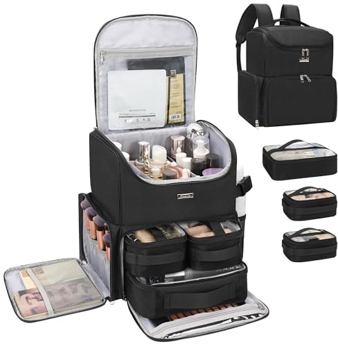 Relavel Makeup Backpack Large Makeup Bag with 3 Clear Set Bags, Dual Layer Professional Cosmetic Organizer Travel Train Case Makeup Artist Kit with Adjustable Dividers & Easy to Clean Lining, Black