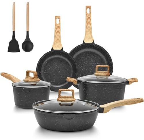 BLAZANT Set di pentole a induzione, 10 pezzi, in granito, antiaderenti, con coperchio, in alluminio, per tutti i tipi di fornelli, adatte al forno, senza PFAS