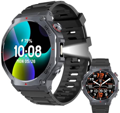 Smartwatch Uomo GPS Integrato, Militare Stile, 170+ Modalità Sportive, 1.43 AMOLED, Torcia, Smart Watch per Android & iOS, Chiamate Bluetooth, Frequenza Cardio/Sonno, Bussola/Altimetro, 3ATM, Nero