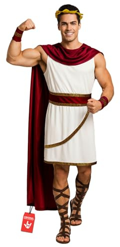 Morph Disfraz Dios Griego Hombre, Disfraz Mitologia Halloween Hombre | Túnica Roja & Capa a Juego, Detalles Dorados, Estilo Guerrero, Perfecto para Halloween, Ideal para Disfrazarse