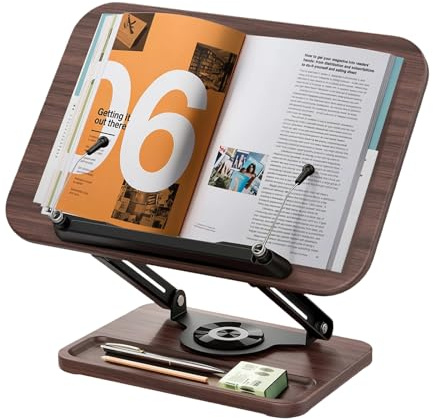 Atril para Libros de Madera con Base Giratoria 360° y Ranura para Bolígrafos – Soporte para Libros Ajustable con Pinza Elástica para Páginas – Porta Libros Resistente para Libros de Cocina