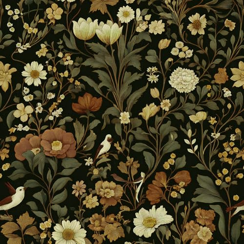 Jeweluck Dark Floral Peel and Stick Wallpaper Bird Floral Contact Paper 16.9 x 118.1 Vintage Bird Wallpaper Peel and Stick Boho Flower Leaf Contact Paper Self Adhesive Removable Wall Decor Vinyl