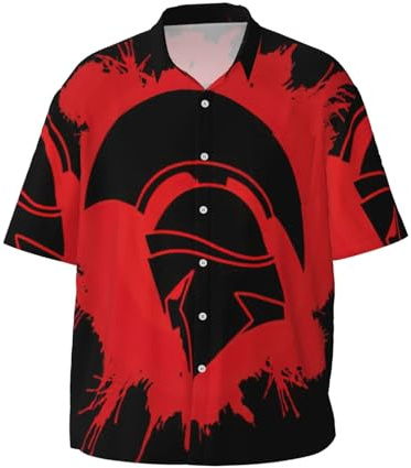 Fgwaauh Camisa de manga corta con casco de guerrero espartano para hombre, informal, con botones, para playa, vacaciones, verano, con bolsillo, Negro, XXL