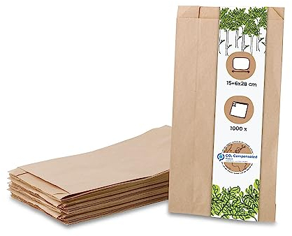 BIOZOYG Bio Papierbeutel Brötchentüten Faltenbeutel Papier-Tüten kompostierbar I Biologisch abbaubare Tüten für Brötchen Semmel Backwaren I 1000 Bäcker-Beutel Flachbeutel braun 15x6x28 cm