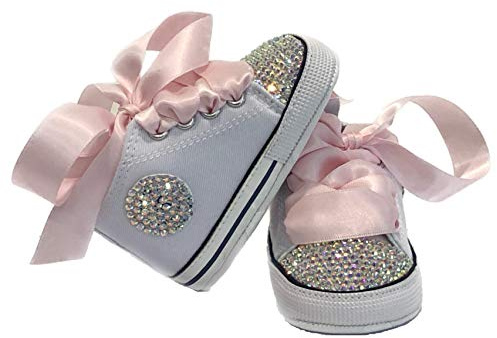 Zapatillas deportivas Baby Shoe para niña, cristales brillantes, zapatos para bautizo, ceremonia, cumpleaños, cristal Luxury Brillabenny (blancos, 3-6 meses (suela 11 cm)