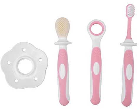 Babyzahnbürsten-Set, Zahnpflege für Kleinkinder, weiche Borsten, für Mund- und Zungenreinigung, für 0-36 Monate (Rosa)