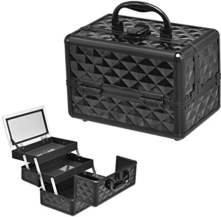 GIANTEX Kosmetikkoffer mit Spiegel, Beauty Make-up Case Schminkkoffer aus ABS und Aluminium, 2 ausziehbare Ablagen, ausklappbarer & tragbarer Etagenkoffer Friseurkoffer Multikoffer (schwarz)