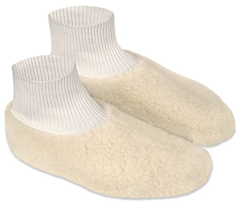 Chaussons de Lit avec Poignets contre Pieds Froids - Laine Mérinos - Pantoufles en Laine de Mouton Italienne, Naturel 38/39 EU