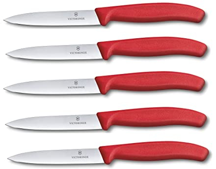 Victorinox 5-tlg Gemüsemesser Set Swiss Classic Rot – 10 cm ohne Wellenschliff – Tomatenmesser