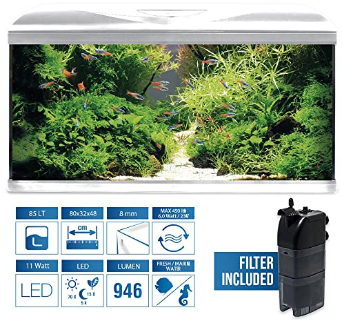Amtra Acquario System Tank V2 - Acuario De Cristal Completo 85 Litros, Luz Led De 11 W Y Bomba De Filtrado Incluida, Agua Dulce O Salada, Blanco, 80X32X48 Cm