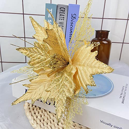 MISNODE Lot de 6 fleurs de poinsettia artificielles à 3 étages de 25 cm de large, fleurs artificielles à paillettes, couronne de Noël, décorations de sapin de Noël, jaune